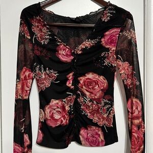 Y2K Express Sheer Floral Long Sleeve Top – Black & Pink